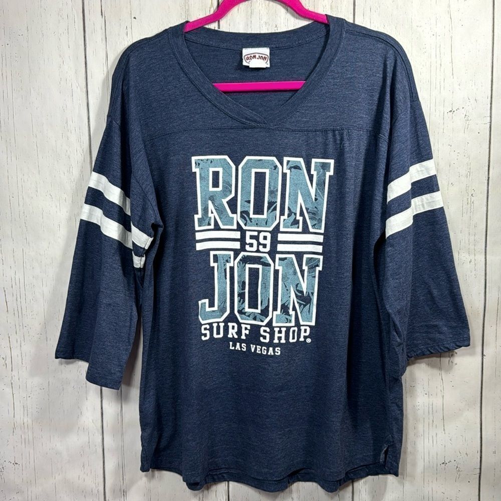 Ron Jon Surf Shop Womens Blue White Sporty Varsity 3/4 Sleeve V Neck LTop